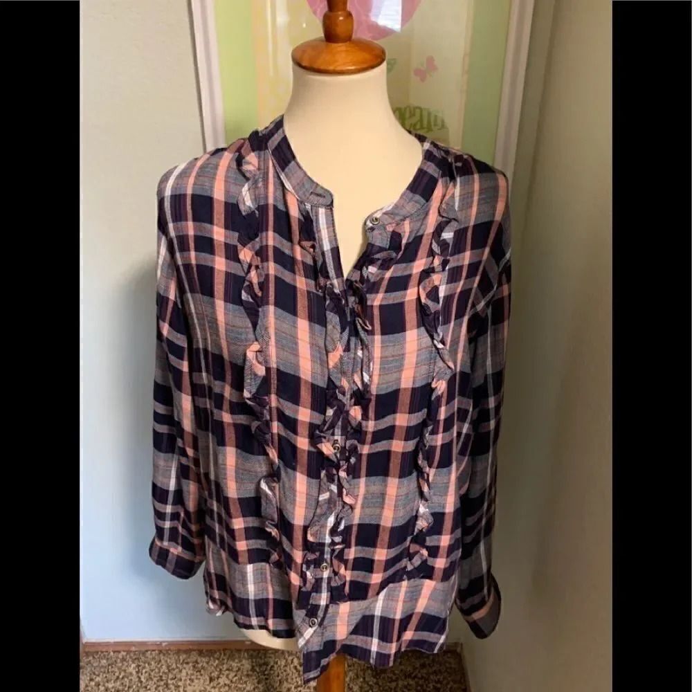 Kensie Hi/Low Ruffled Front Flannel Shirt #218